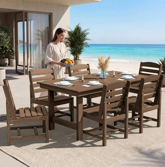SERWALL Armless Outdoor Dining Set, Patio Dining Set for 6, Brown