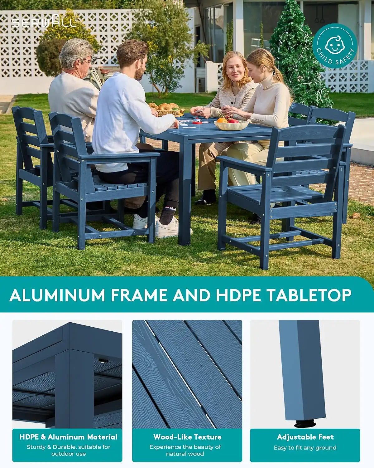 SERWALL 60" - 83" Expandable Outdoor Dining Table and 6 HDPE Chairs, Blue