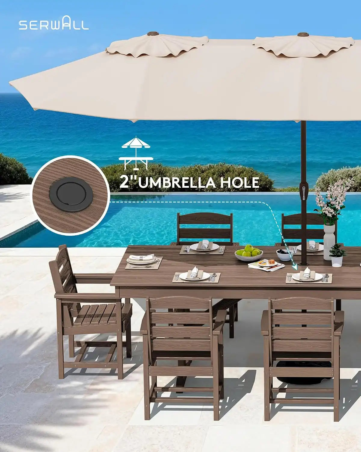 SERWALL 9Pcs 84" HDPE Outdoor Dining Set for 8 with Armchairs,Brown