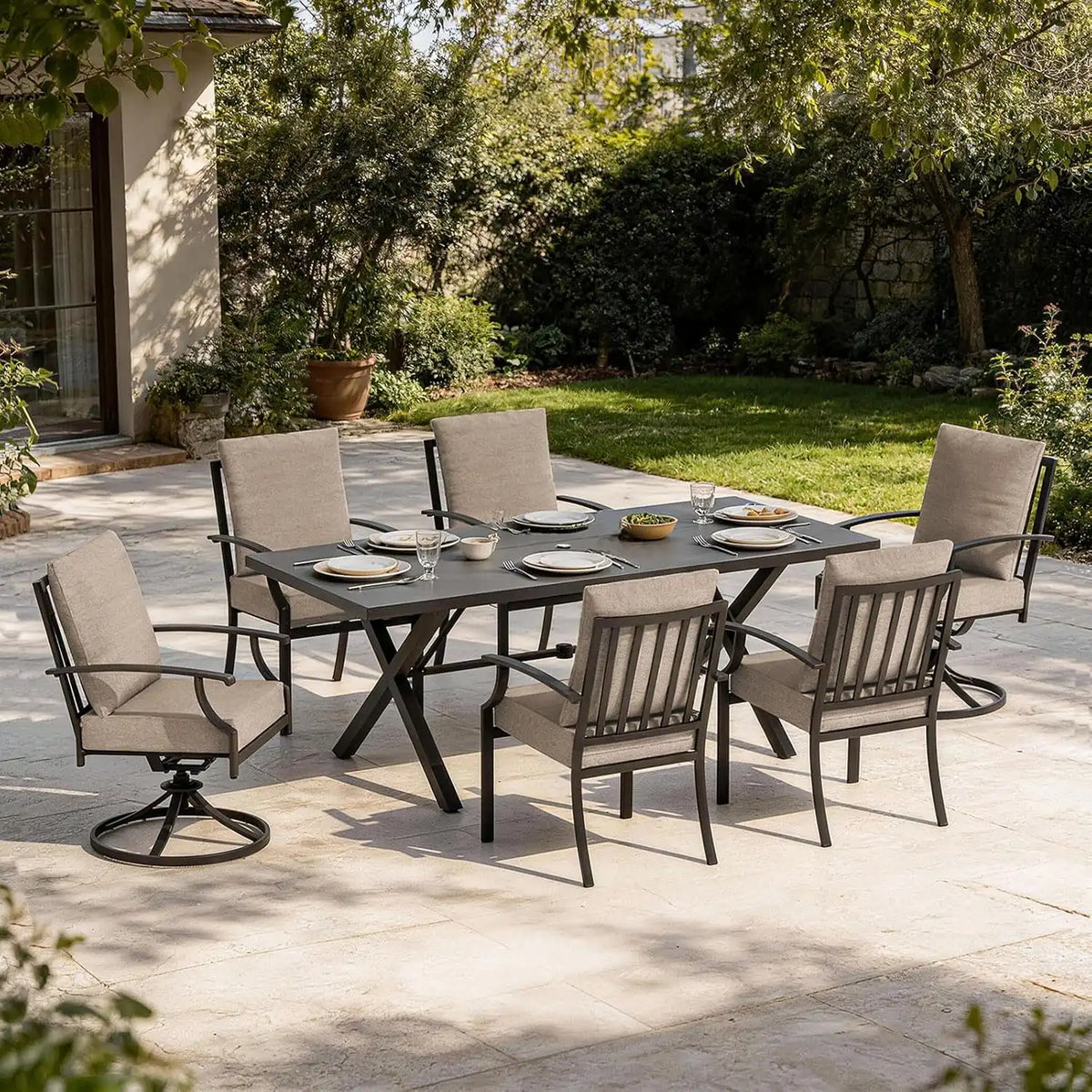 7 PCS Outdoor Patio Dining Set,Patio Table and Chairs Metal Outdoor Patio Furniture Set with Umbrella Hole,Dining Table Set with Swivel Chairs for Deck,Backyard and Garden,Brown