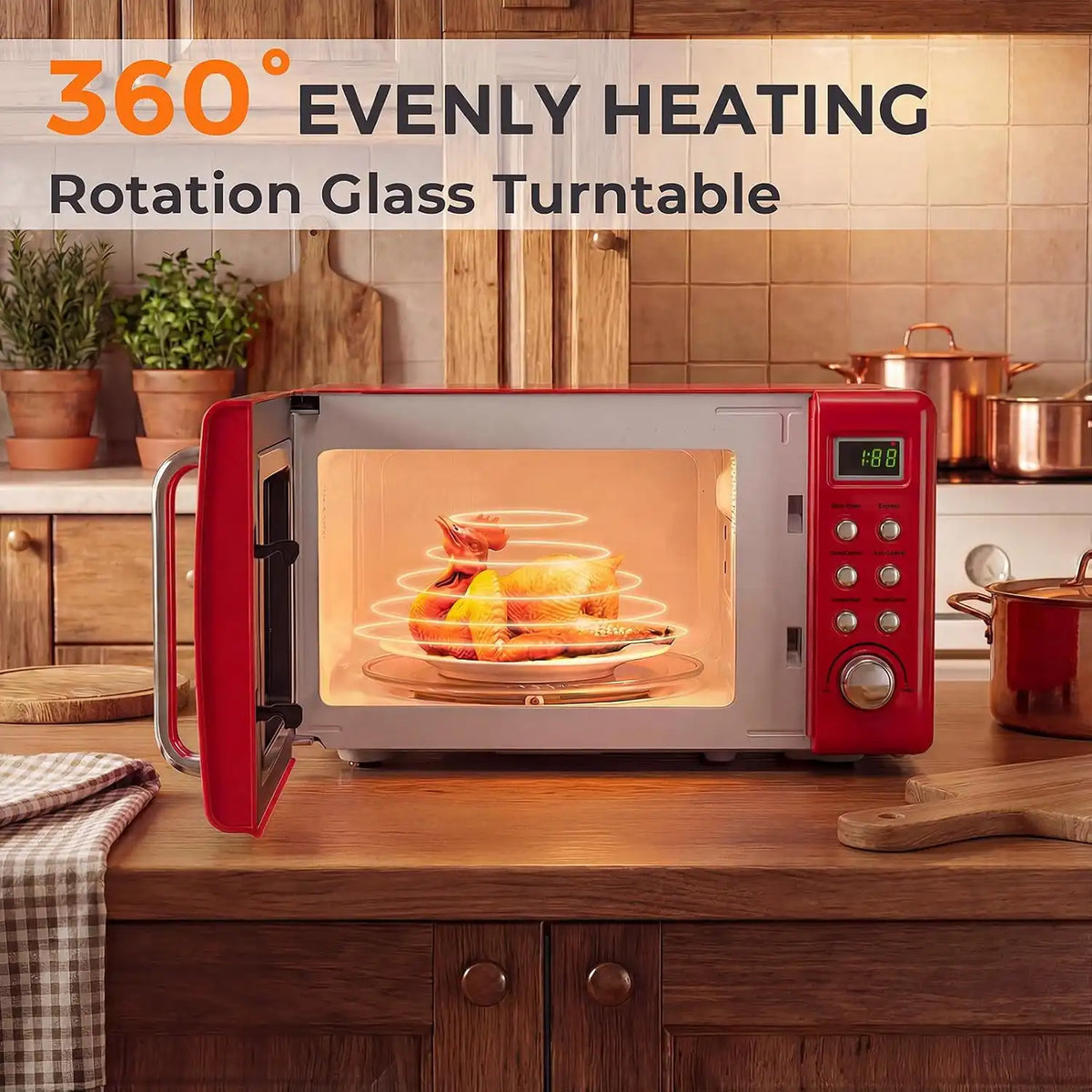 LDAILY 0.7Cu.ft Retro Small Microwave Oven, 700W Compact Countertop Microwave with 5 Power Levels, Auto Cooking Menus, Glass Turntable, Child Lock & Glass Turntable for Apartment, Dorm (Red)