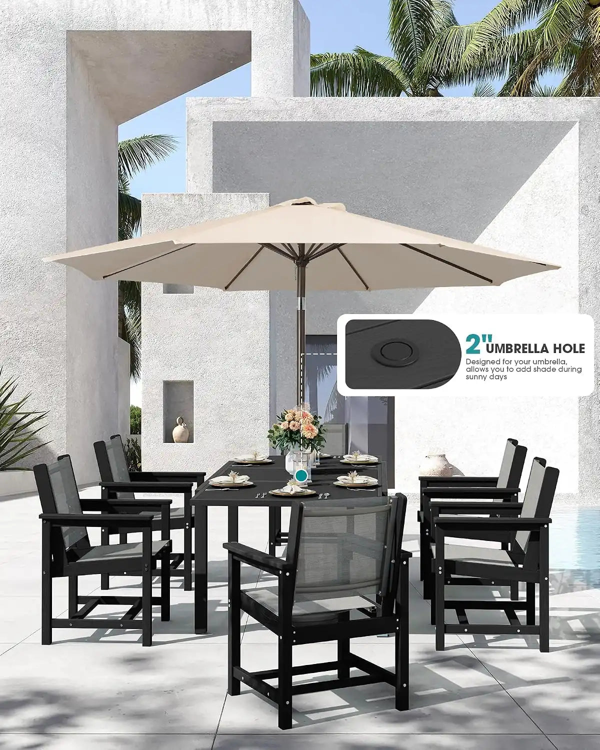 SERWALL HDPE Outdoor Dining Set for 8 with Textilene Chairs, Black