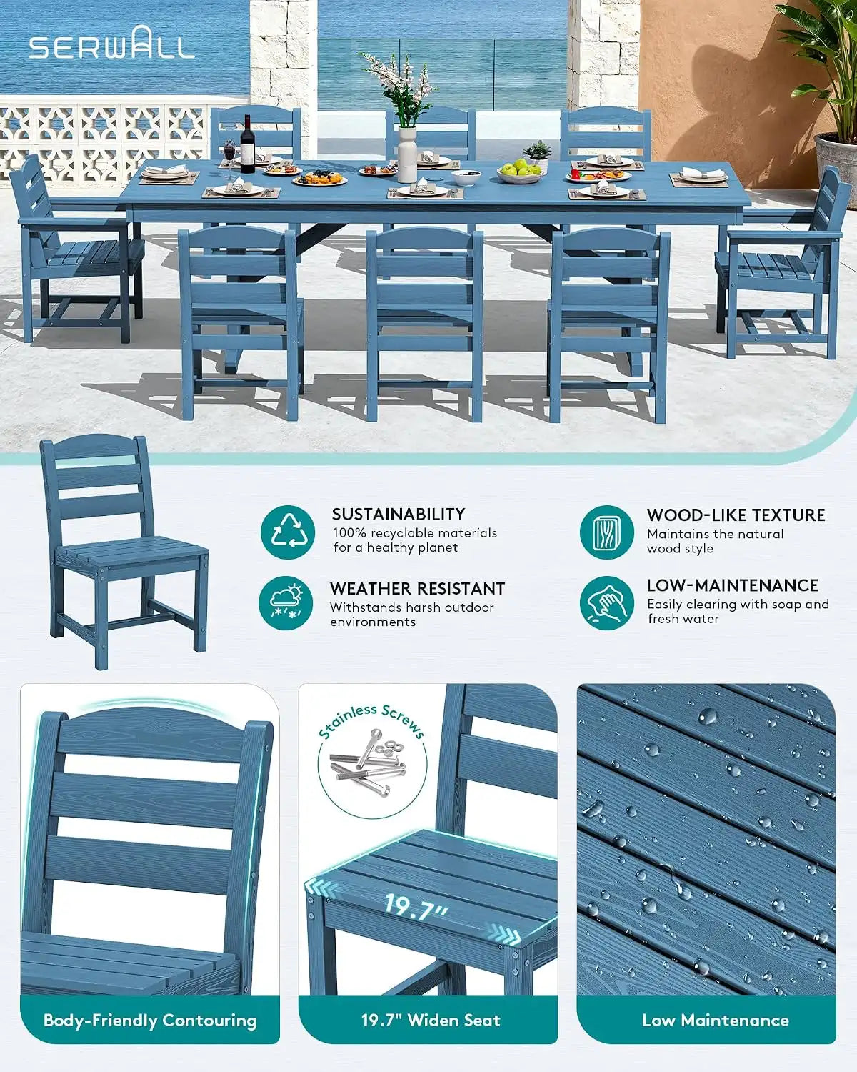 SERWALL 9Pcs HDPE Outdoor Dining Set w/6 Armless, 2 Armchairs for 8,Blue