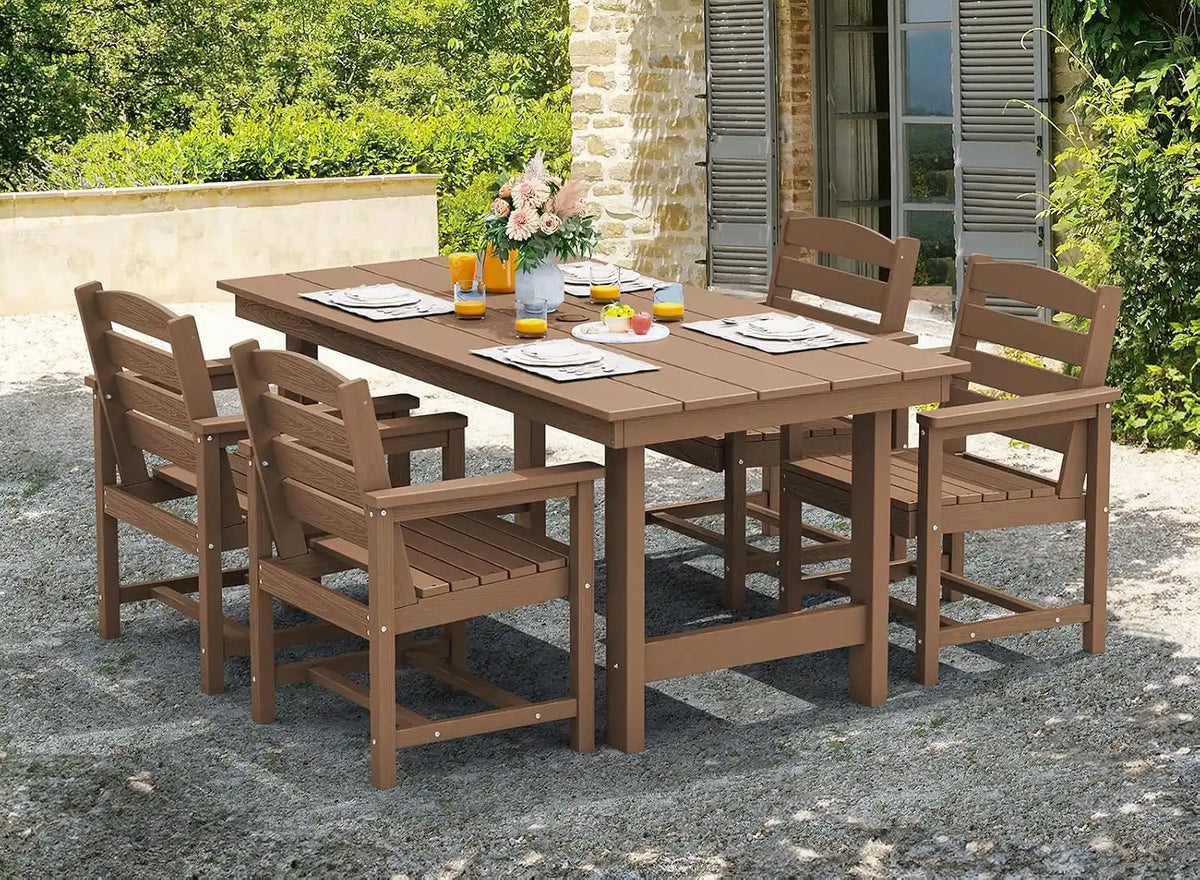 SERWALL 7 Pcs Outdoor Dining Set, 67" HDPE Dining Set for 6, Brown