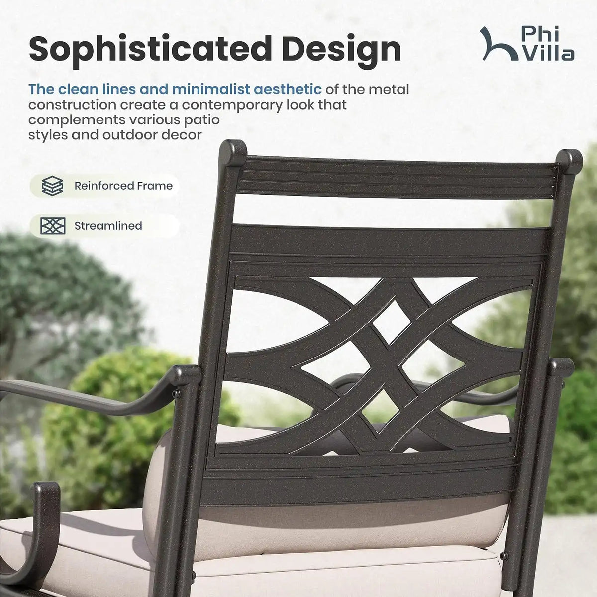 PHI VILLA Patio Dining Set, Square Metal Table