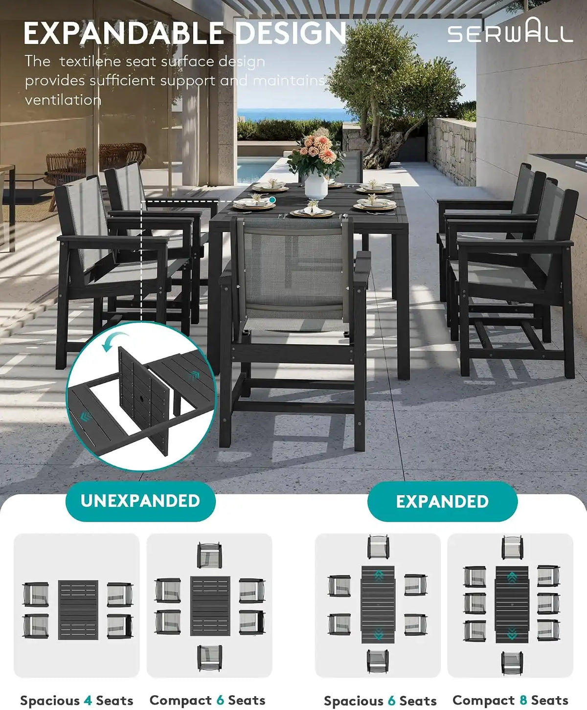 SERWALL HDPE Outdoor Dining Set for 8 with Textilene Chairs, Black