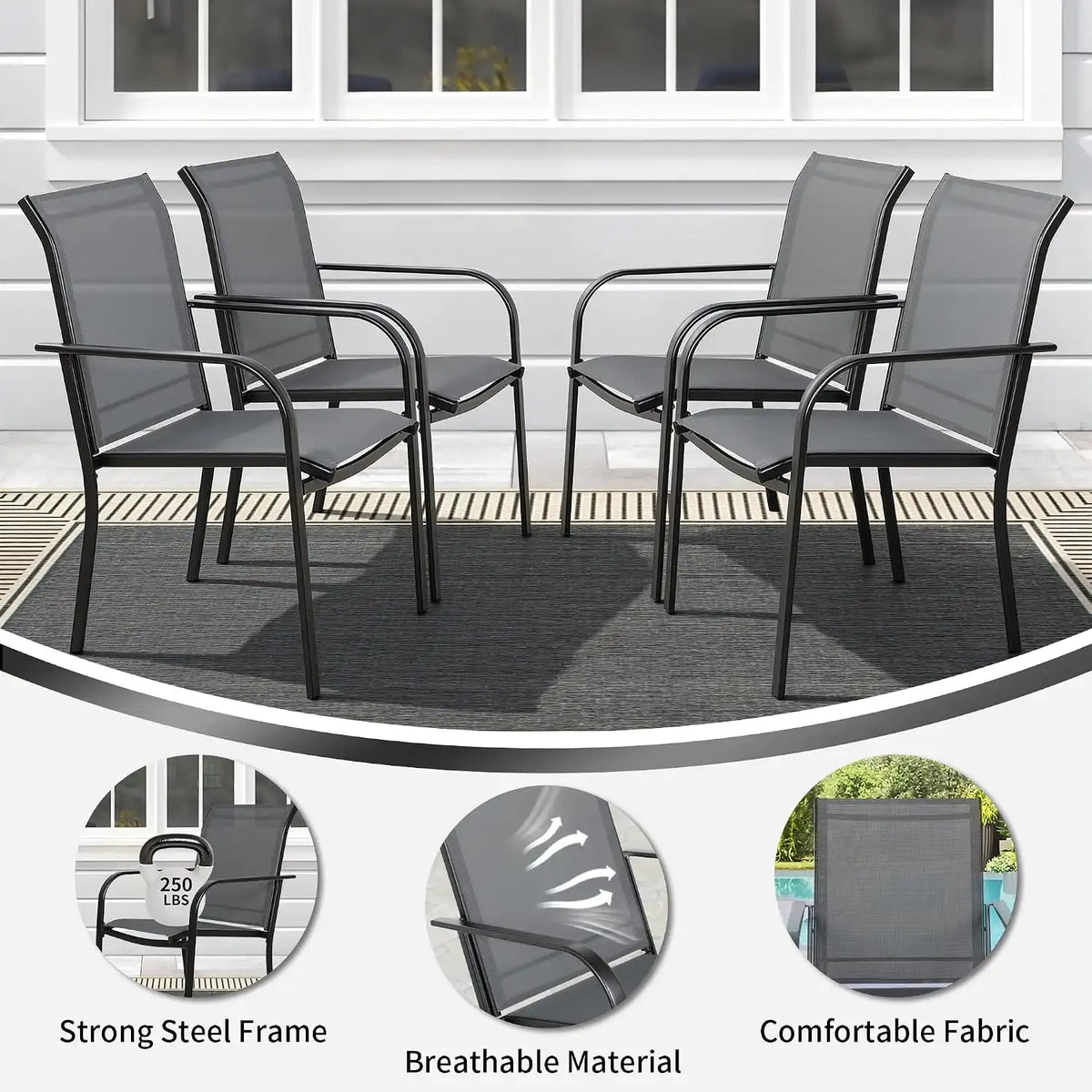 SUNCROWN 5-Piece Outdoor Dining Set, Patio Furniture Set with 4 x Textilene Dinning Chairs and 1 Steel Slat Metal Bistro Table for Garden Deck Lawn Backyard, Grey