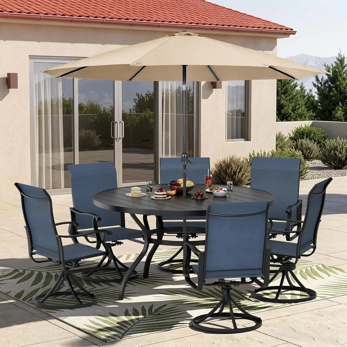 SUNCROWN 8-Piece Outdoor Dining Set, All Weather Patio Furniture Sets with 6 Dark Blue Swivel Textilene Mesh Chairs & Round Metal Table & 1 Brown 9Ft Umbrella for Deck Garden Backyard Poolside