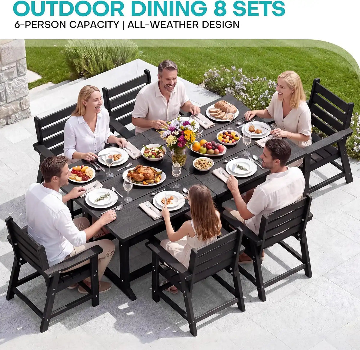 HDPE Outdoor Dining Set, Patio Dining Set of 8, Black