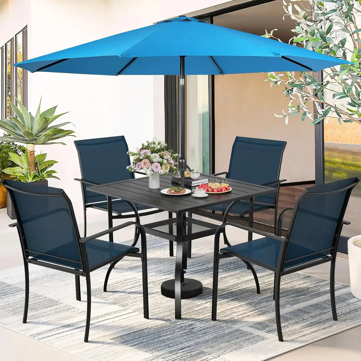 SUNCROWN 6 - Piece Outdoor Dining Set, Patio Furniture Set with 4 Textilene Dinning Chairs, 1 Steel Slat Metal Bistro Table and 1 Sky Blue 9Ft Patio Umbrella for Lawn Garden Backyard Deck, Blue