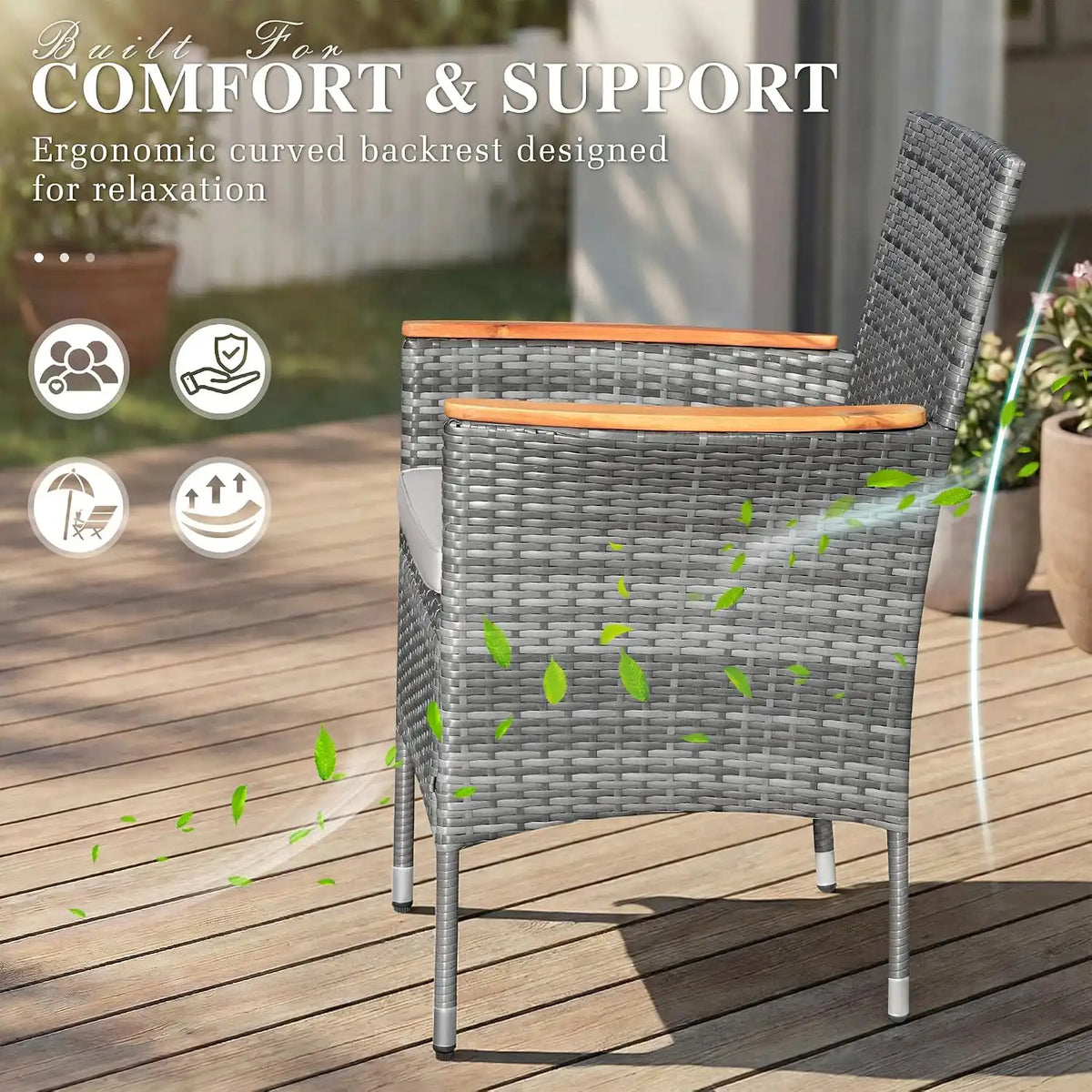 Devoko 9 PCS Acacia Wood Patio Dining Set, Gray Rattan