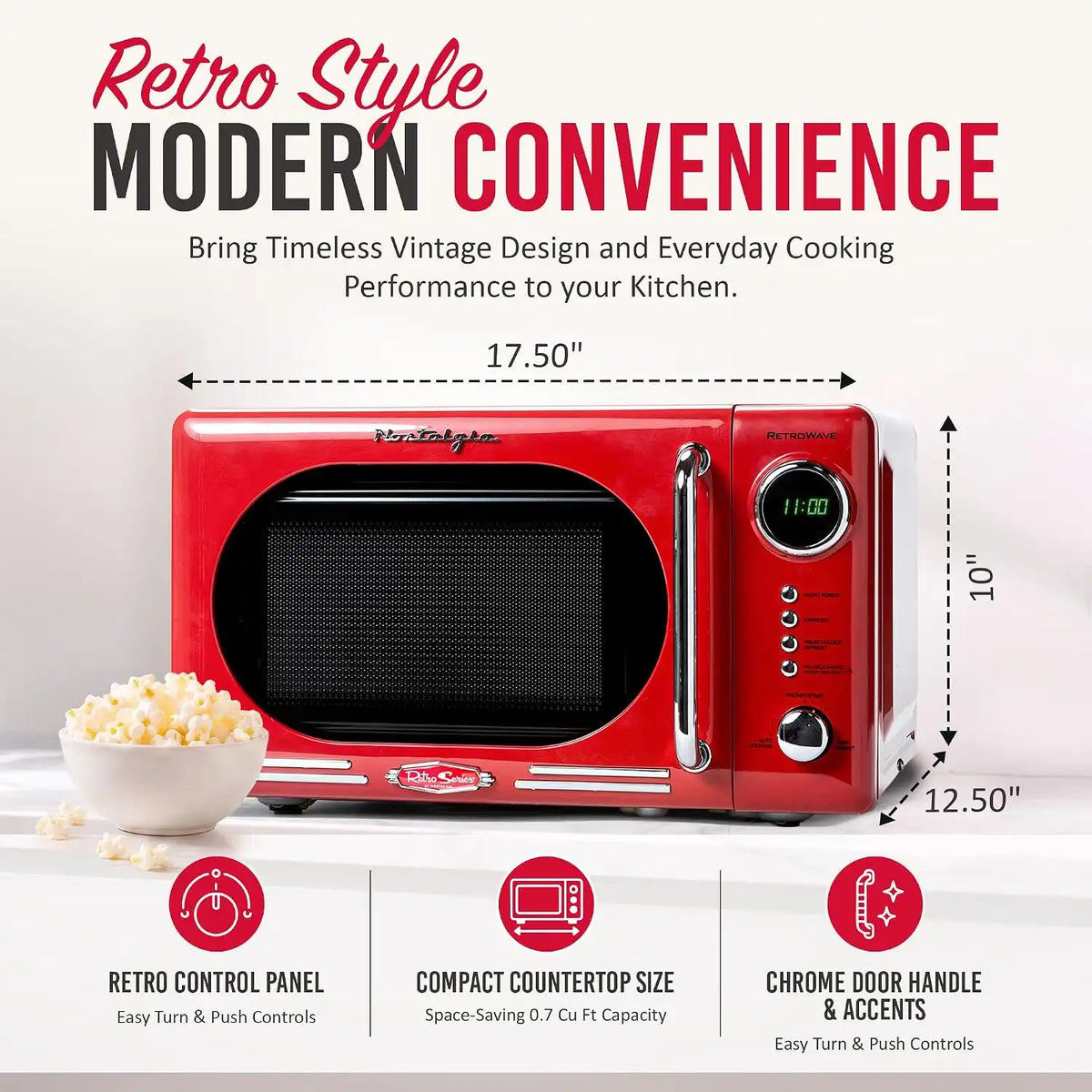 Nostalgia Retro Compact Countertop Microwave Oven - 0.7 Cu. Ft. - 700-Watts with LED Digital Display - Child Lock - Easy Clean Interior - Red