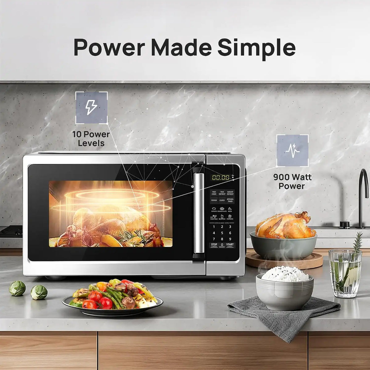 Countertop Microwave Oven 0.9 Cu. Ft, 900W Small Compact Microwave with LED Lighting, 6 Auto Menus, Turntable, Child Lock, Easy-Clean, Memory Function for Families, Apartments, Dorm, Stainless Steel