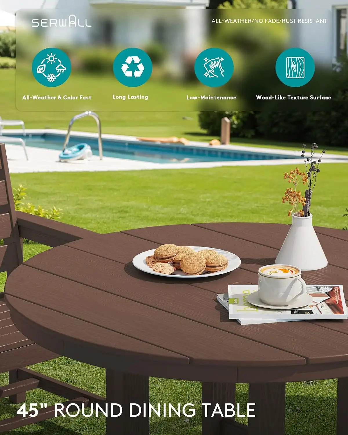 SERWALL 6-Pc Dining Set, 45" Table, 4 Chairs&9FT Umbrella, Coffee (No Base)