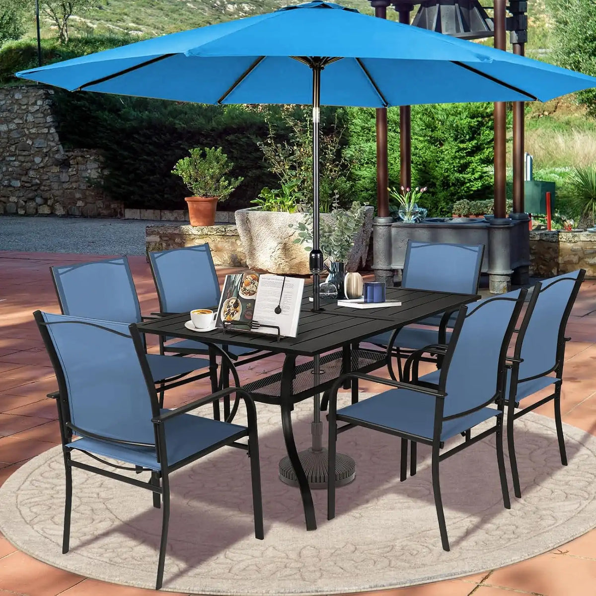 SUNCROWN 8 - Piece Outdoor Dining Set, Patio Furniture Set with 6 Textilene Dinning Chairs, 1 Rectangle Metal Table and 1 Sky Blue 9Ft Patio Umbrella for Lawn Garden Backyard Deck, Blue