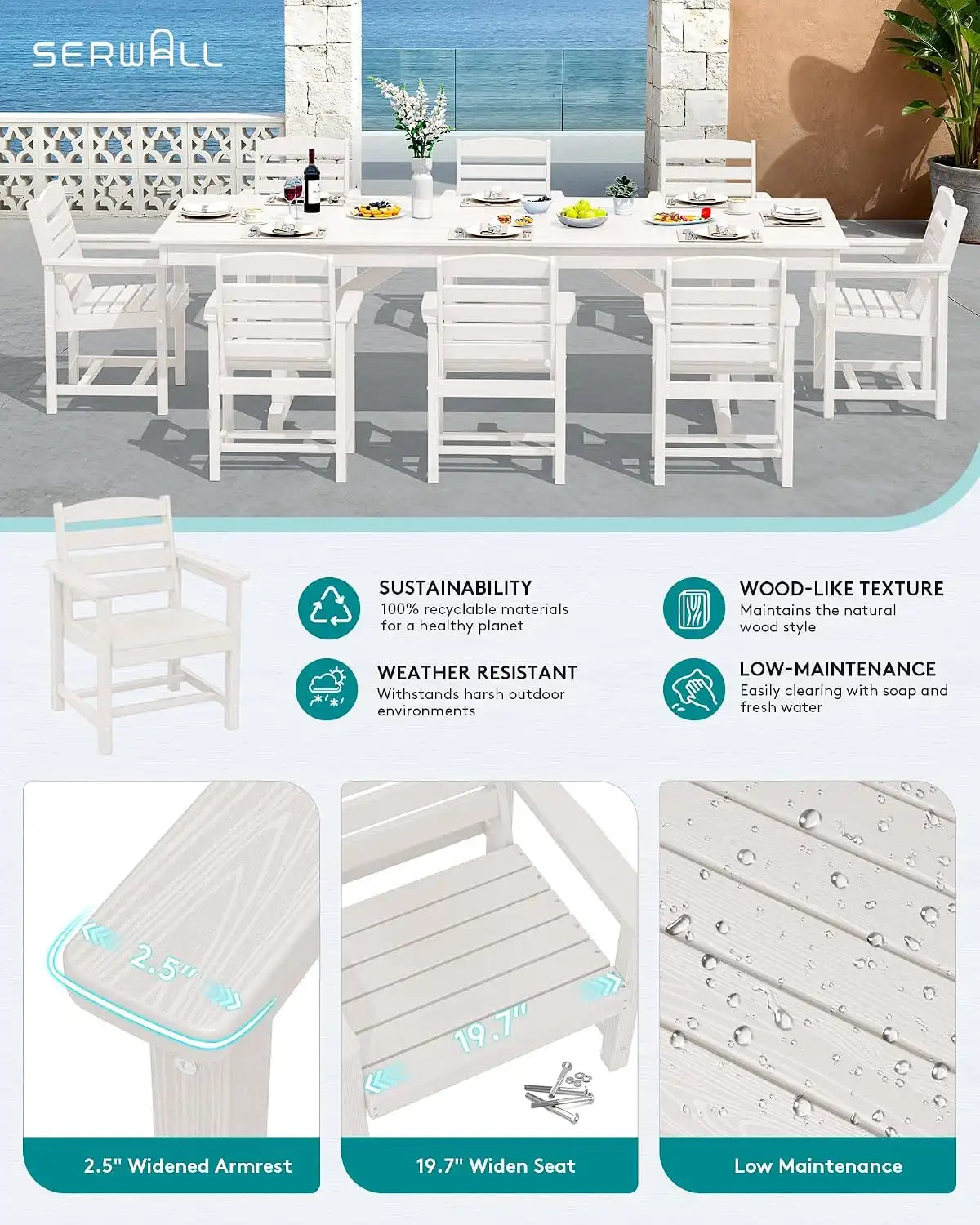 SERWALL Patio HDPE Dining Chairs Set of 2, White