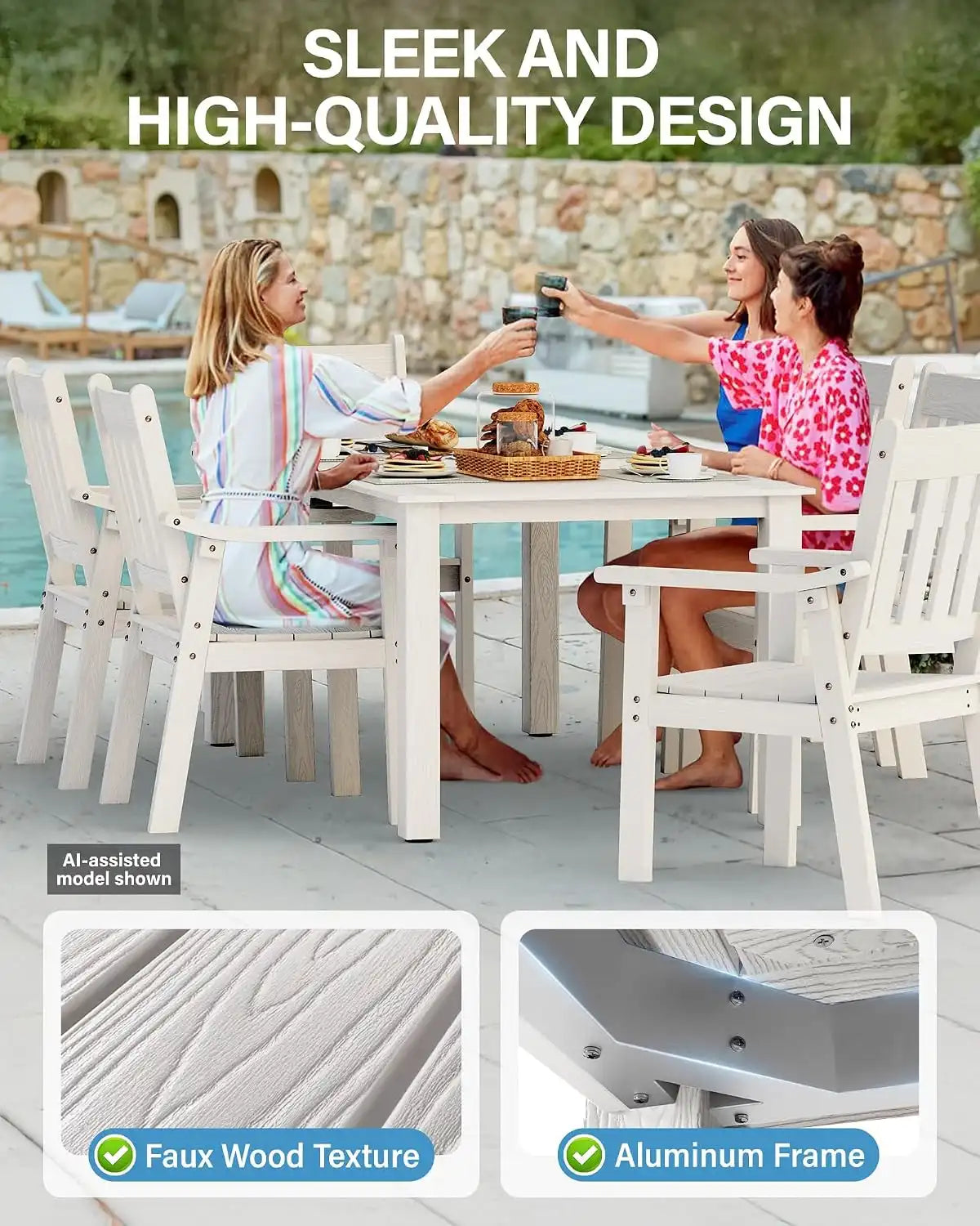 YEFU Outdoor Dining Set for 8, All-Weather HIPS, Aluminum Frame, White
