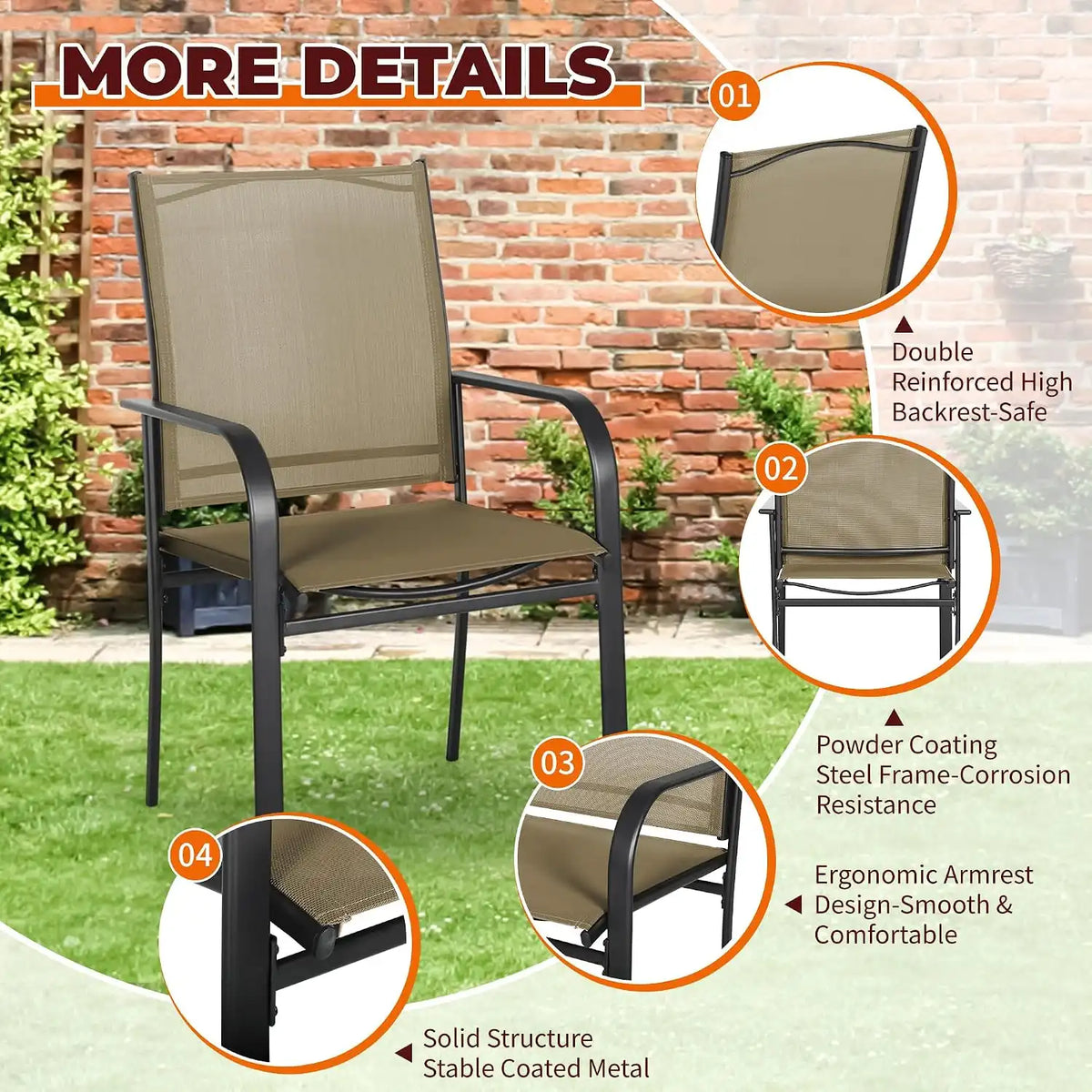 SUNCROWN 7 - Piece Outdoor Dining Set, Patio Furniture Set with 6 x Textilene Dinning Chairs and 1 Steel Slat Metal Bistro Table for Lawn Garden Backyard Deck, Brown