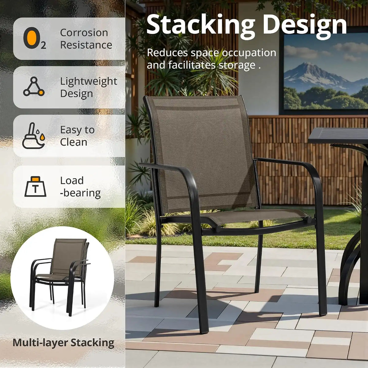 SUNCROWN 8 - Piece Outdoor Dining Set, Patio Furniture Set with 6 Textilene Dinning Chairs, 53" Metal Round Table and 1 Sky Blue 9Ft Patio Umbrella for Lawn Garden Backyard Deck, Brown