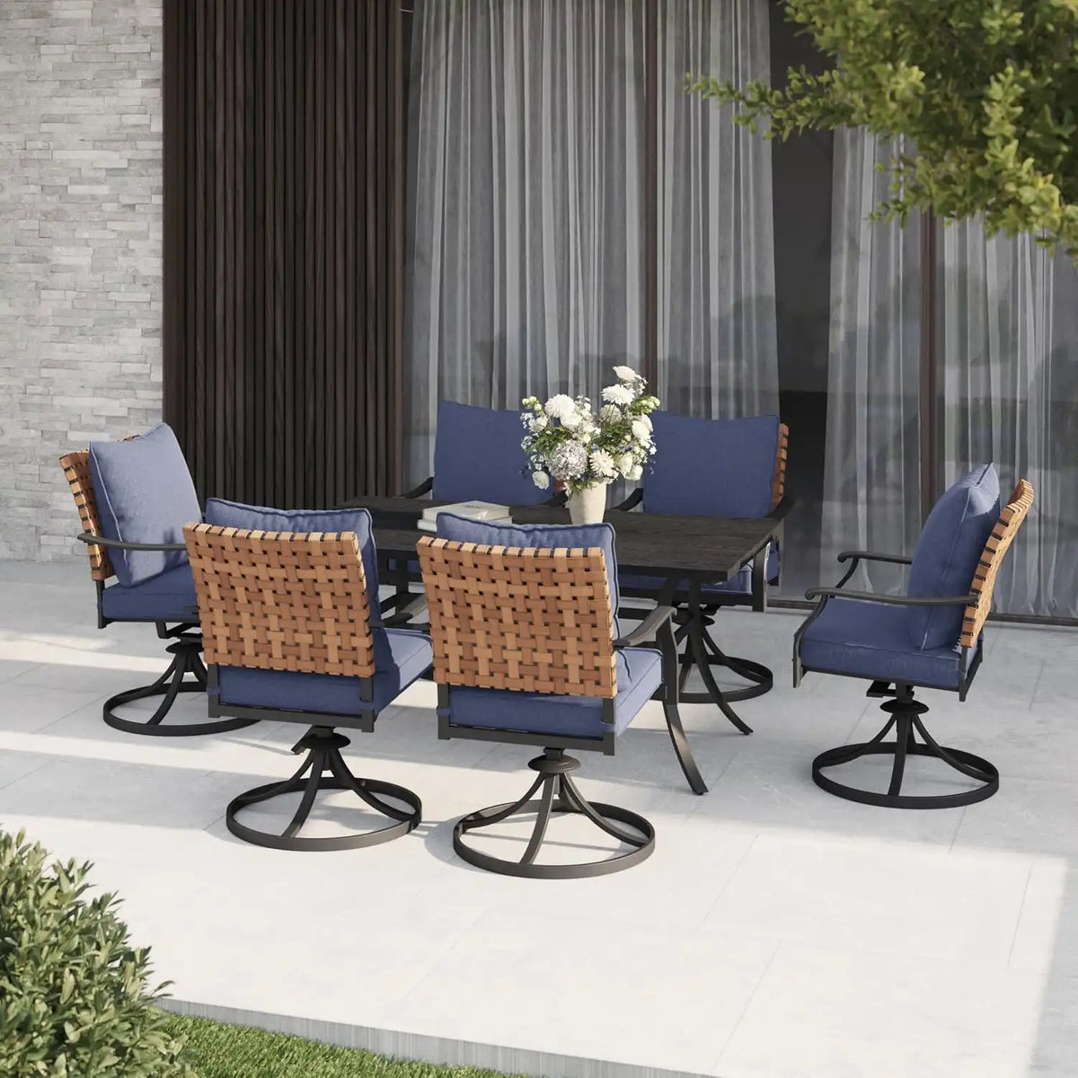 Grand patio 7-Pc Outdoor Swivel Dining Set, 6 Blue Chairs + Table, Black