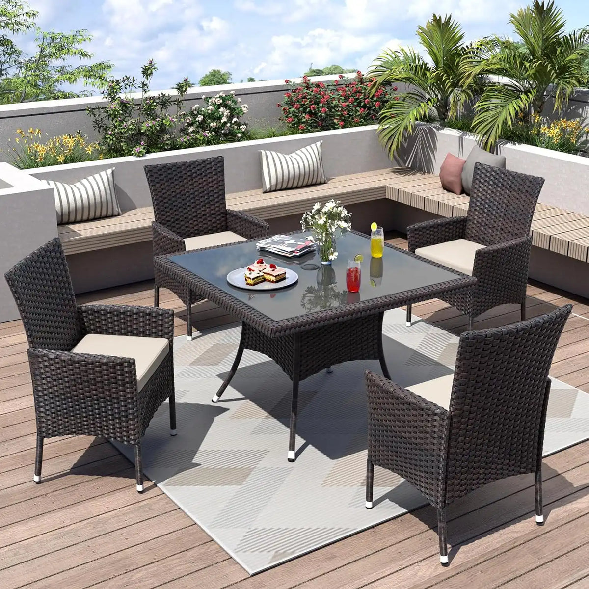 5Pcs Patio Dining Set All-Weather Wicker Outdoor Table and Chairs Set