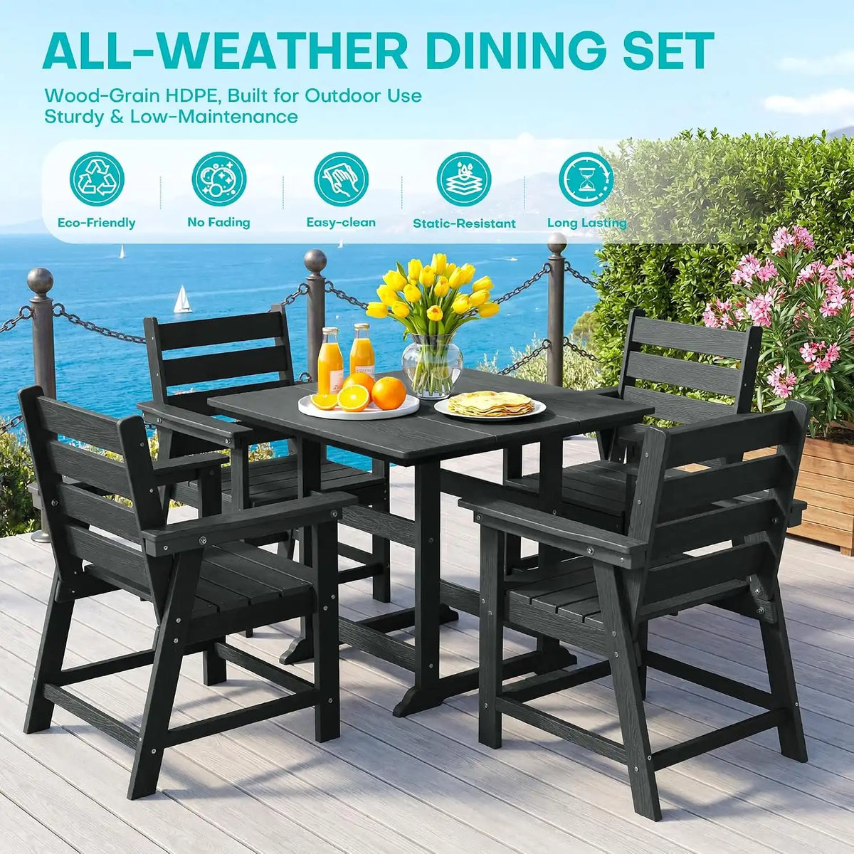 HDPE Outdoor Dining Set, Patio Dining Set of 5, Black