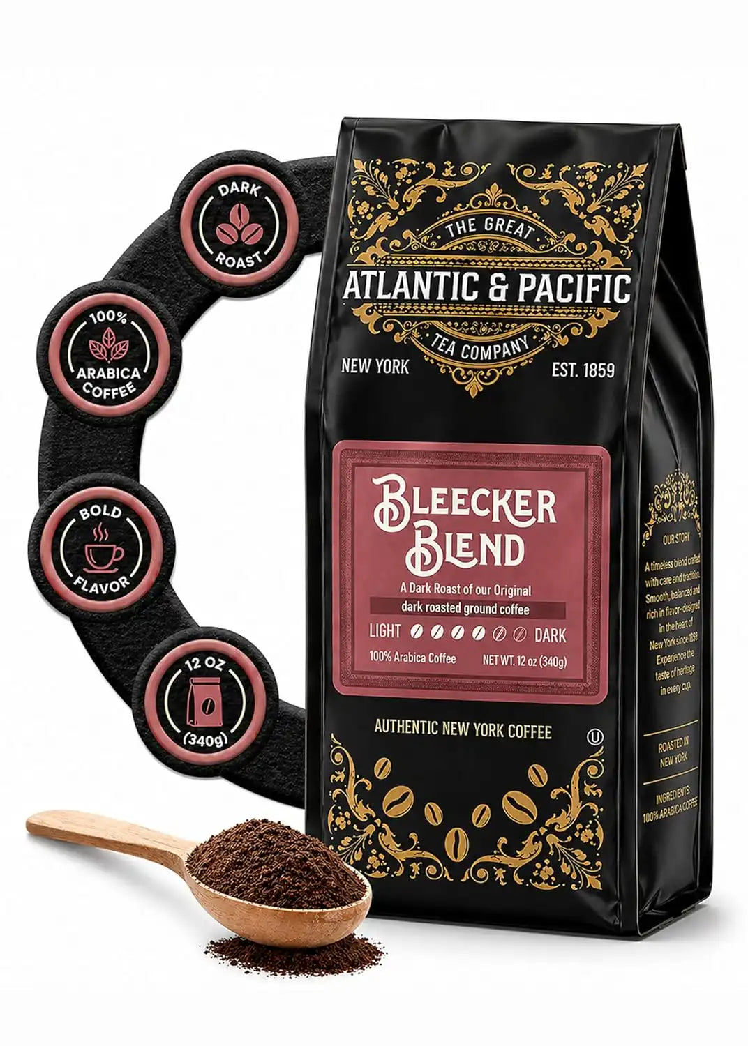 A&P Bleecker Blend Dark Roast Ground Coffee, 100% Arabica, 12 oz