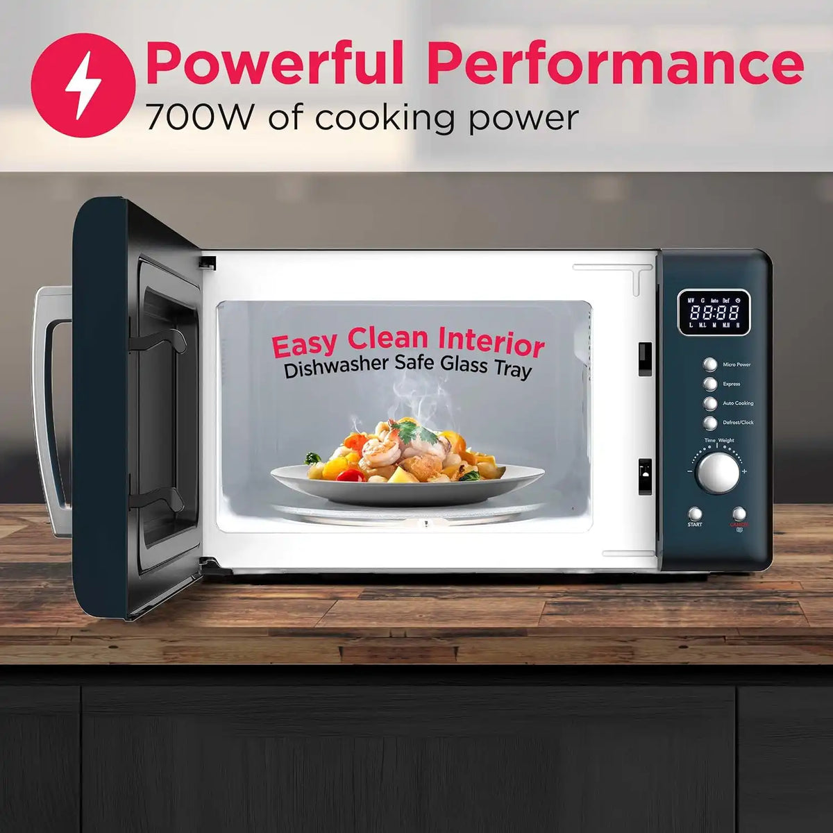 Frigidaire, 0.7 Cu. Ft. Retro Countertop Microwave Oven, 700W Compact Microwave with 8 Auto Cook Menus, Auto Defrost, 5 Power Levels, LED Display, Glass Turntable, Azure-Argent