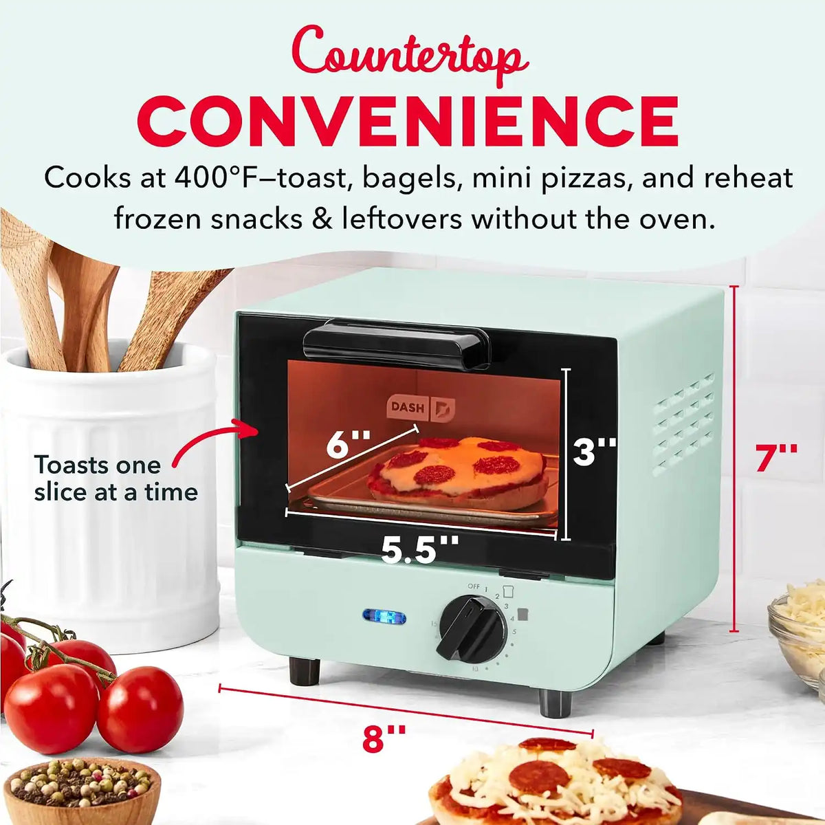 Dash Mini Toaster Oven | Small Toaster Oven for Dorms, Apartments, & Small Kitchens, Adjustable Timer Dial with Auto Shutoff, Removable Cooking Tray & Crumb Catch, Aqua