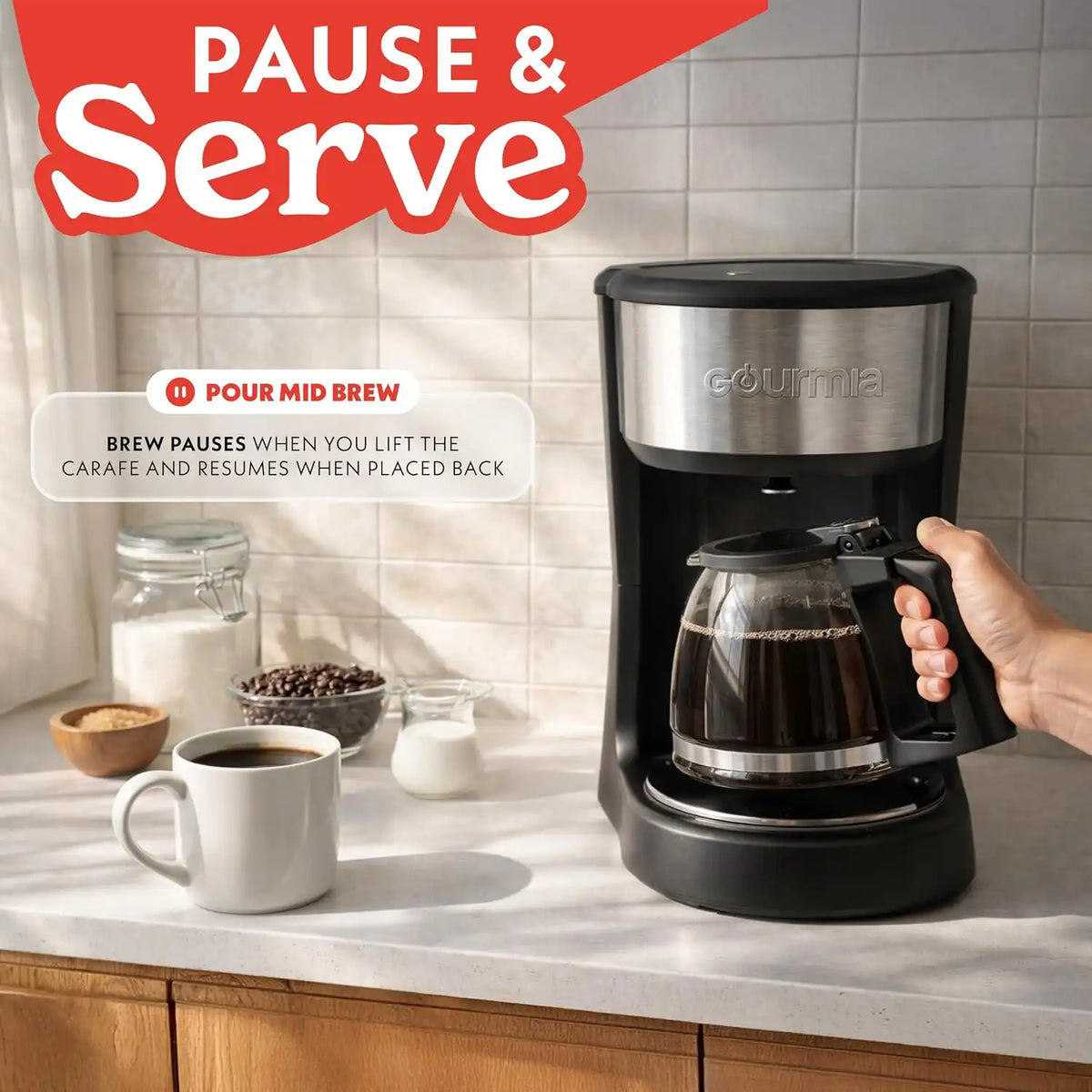 Gourmia Drip Coffee Maker - 5-Cup Capacity, Glass Carafe, Black