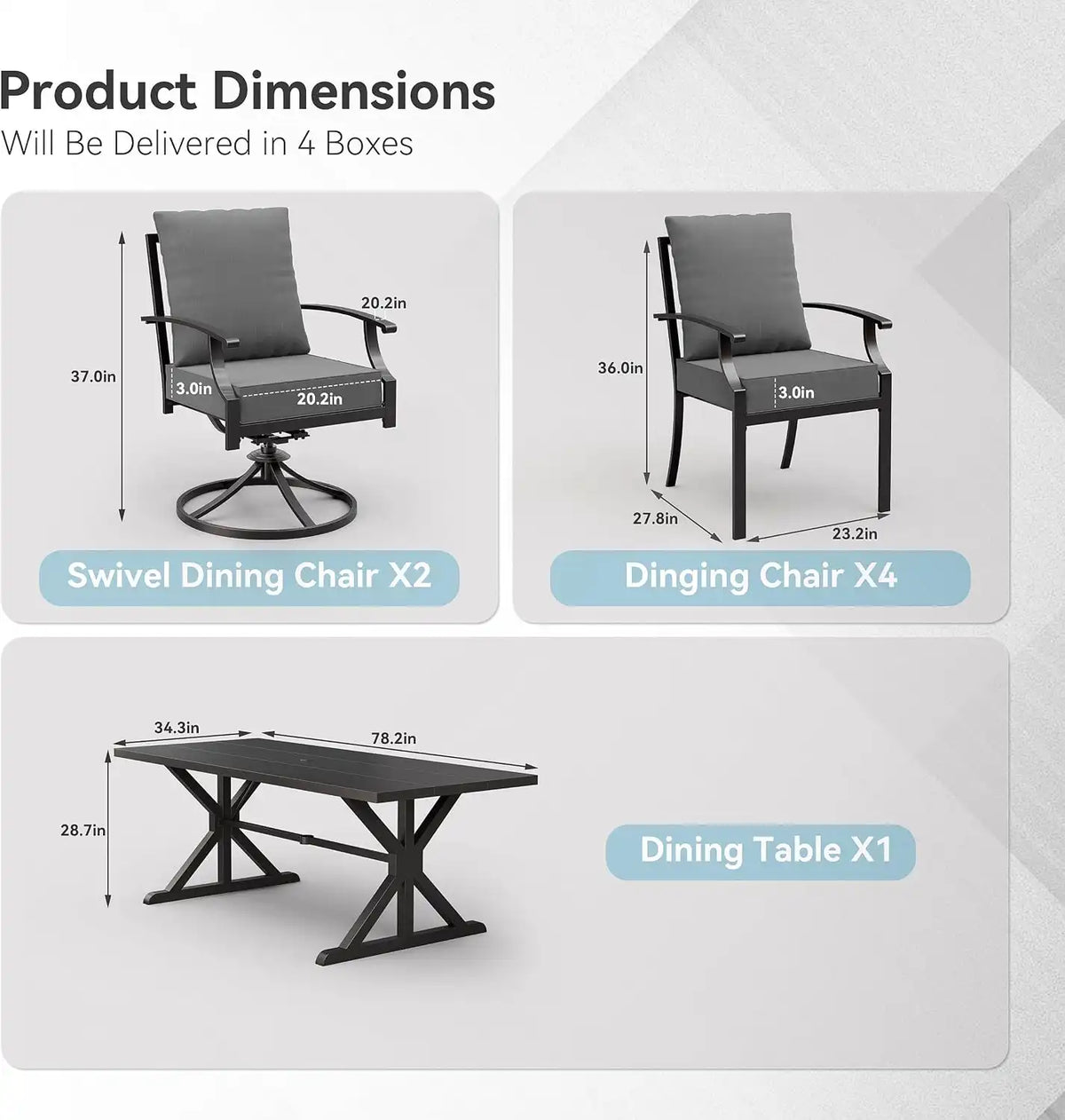ALAULM 7-Piece Patio Dining Set,Outdoor Metal Dining Set with 2 Swivel Chairs & Rectangle Table with 1.5 Umbrella Hole, Patio Dining Table and Chairs for Backyard,Grey