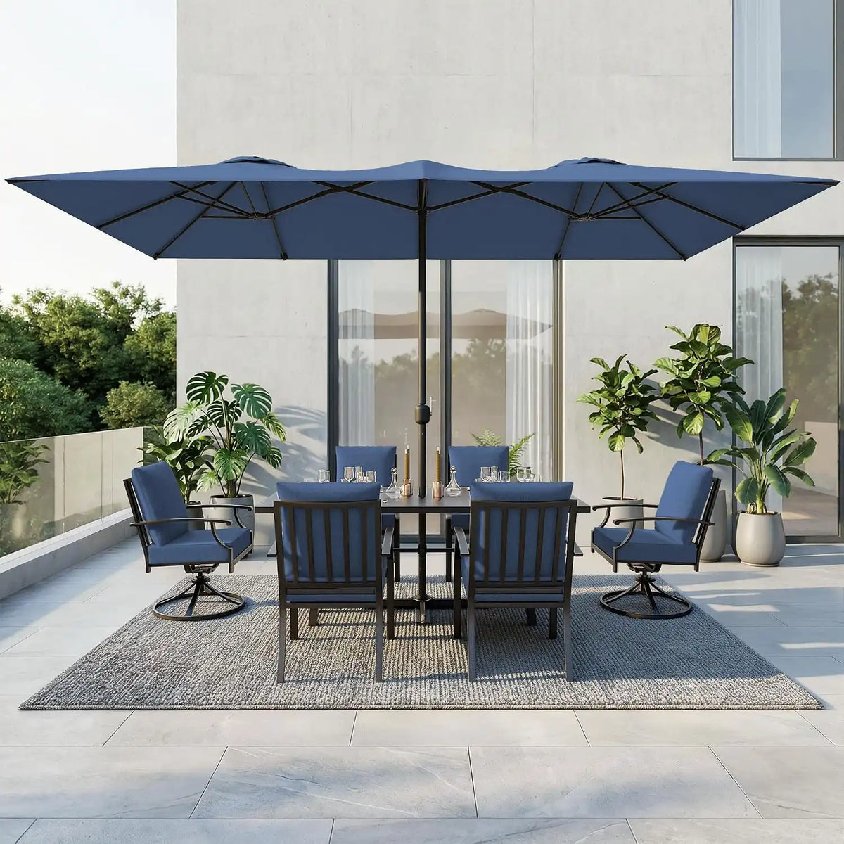 8 PCS Outdoor Patio Dining Set with 13.6ft Double-Sided Patio Umbrella,Patio Table and Chairs Metal Outdoor Patio Furniture Set,Dining Table Set with Swivel Chairs,Navy Blue
