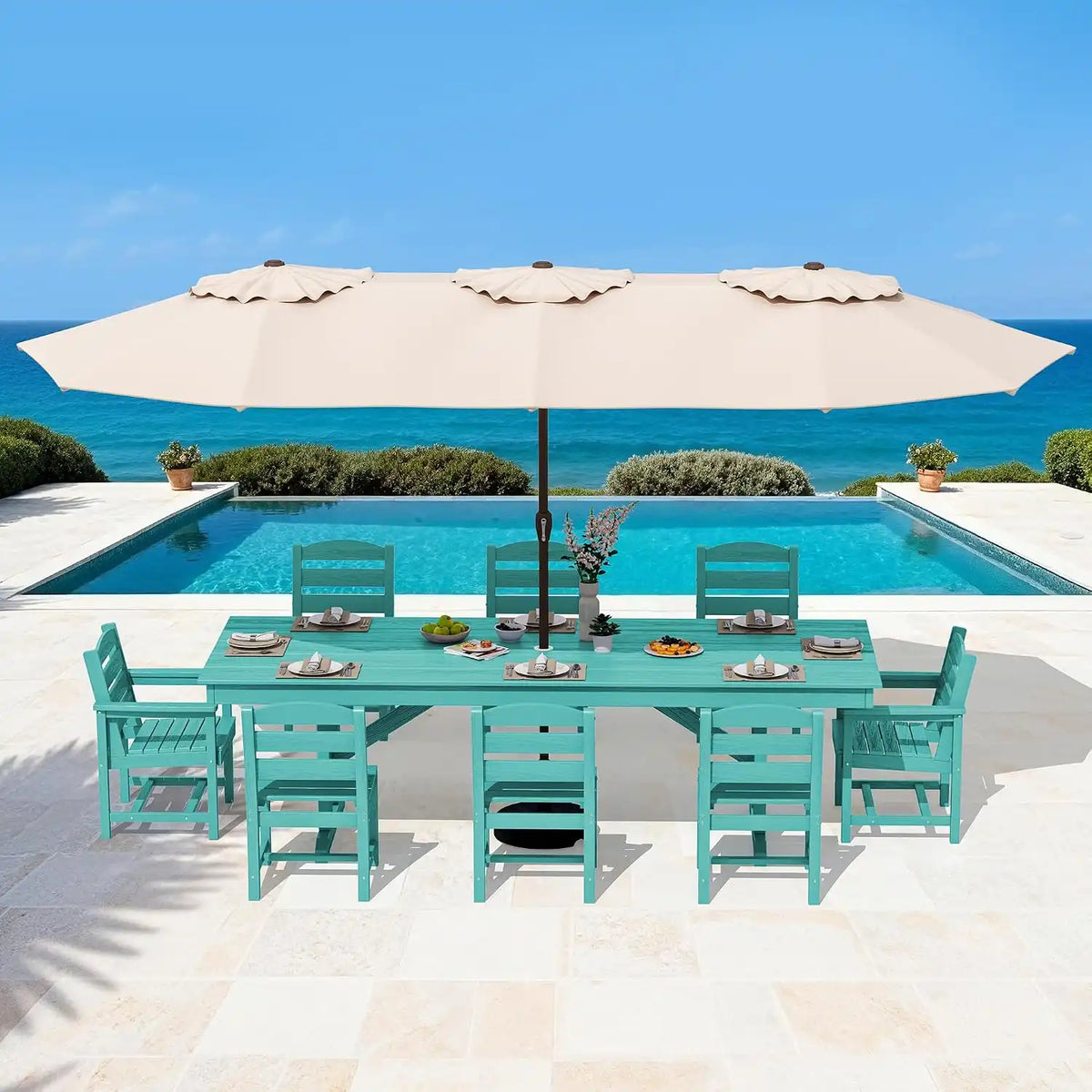 SERWALL 9Pcs HDPE Outdoor Dining Set w/6 Armless, 2 Armchairs for 8, Aruba