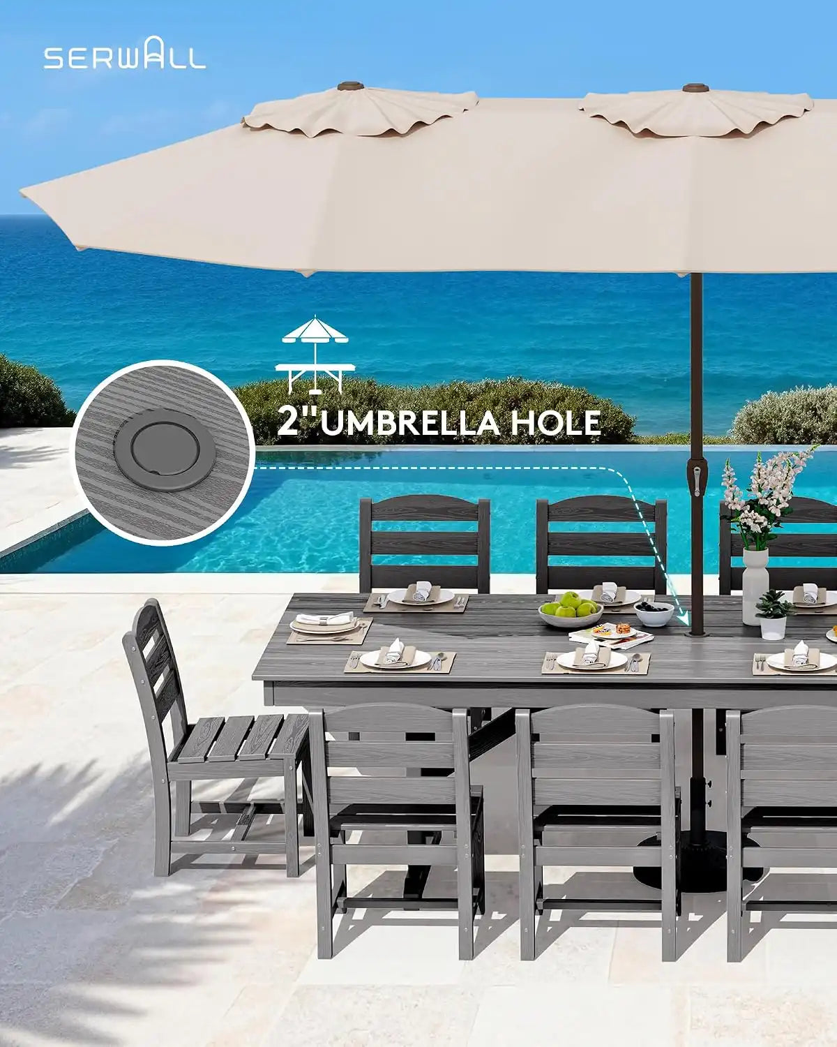 SERWALL Outdoor 84" HDPE Rectangular Dining Table for 6-8,All-Weather,Gray