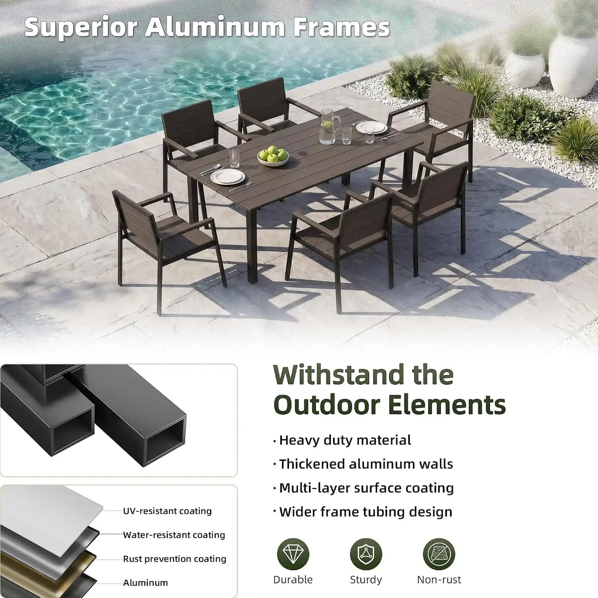 Outdoor Table and Chairs for 6 Aluminum Patio Dining Set with Umbrella Hole