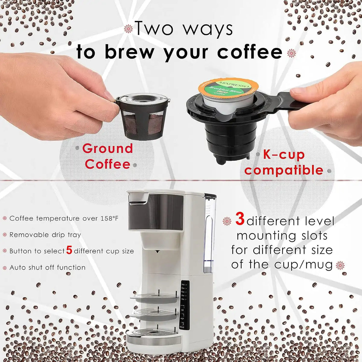 Single Serve Coffee Maker, 2 in 1 for Ground Coffee&Pods, 180s Rapid Brew with 5 Cup Sizes 6-14oz, Auto Shut Off, Small Compact Travel Coffee Machine for Home Office Camping