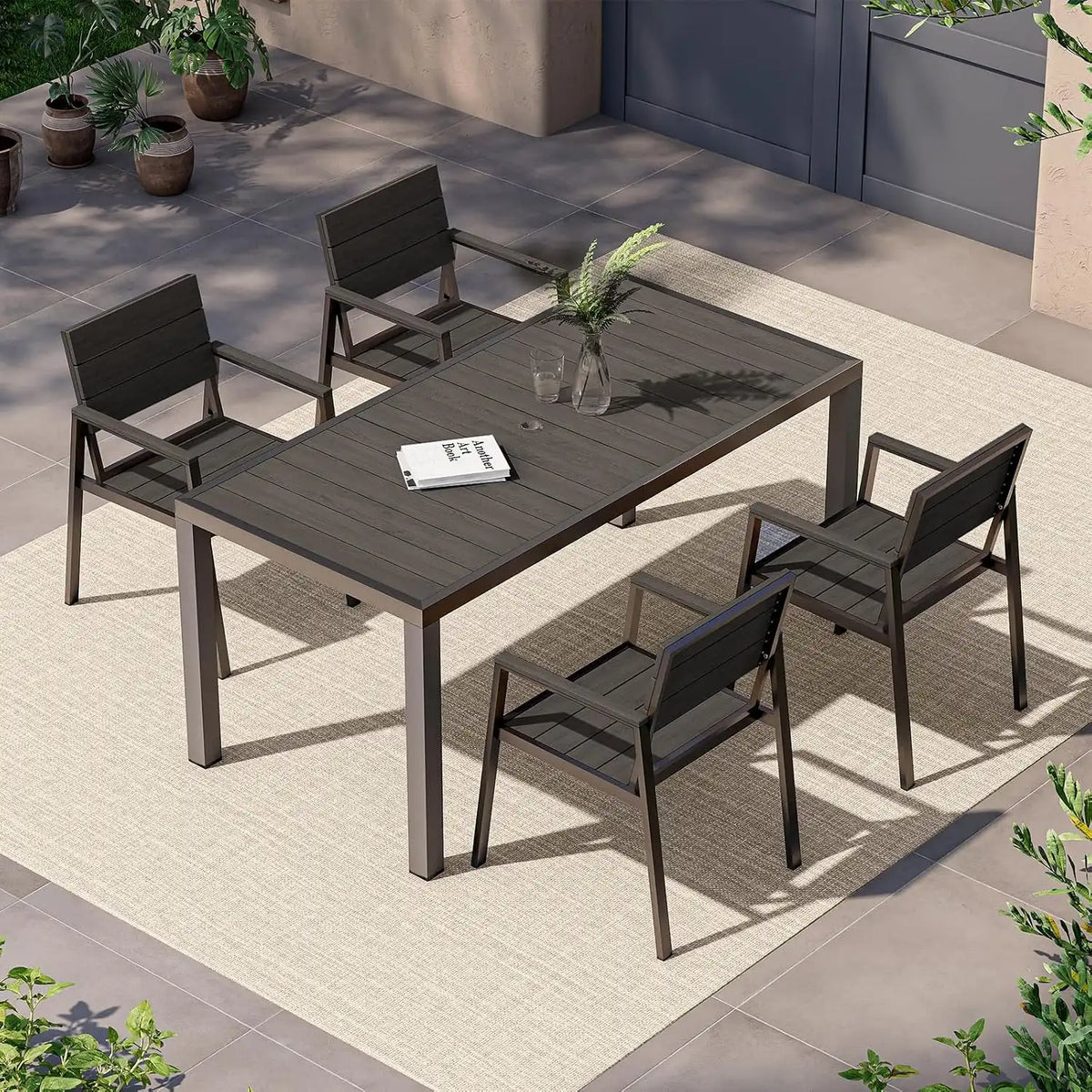 Vexwalx Outdoor Dining Set, Aluminum Dining Table Set for 4, Patio Table and Chairs Set with Umbrella Hole, All Weather HDPS Outdoor Table and Chairs for 4 (5-Piece, Charcoal)