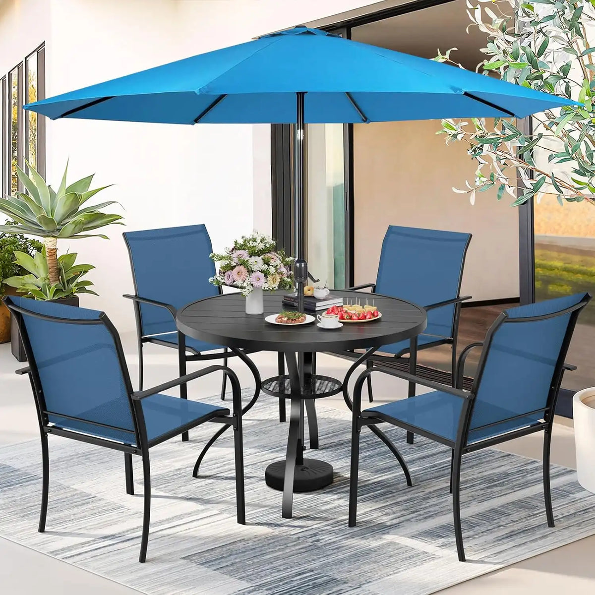 SUNCROWN 6 - Piece Outdoor Dining Set, Patio Furniture Set with 4 Textilene Dinning Chairs, 41" Metal Round Table and 1 Sky Blue 9Ft Patio Umbrella for Lawn Garden Backyard Deck, Blue