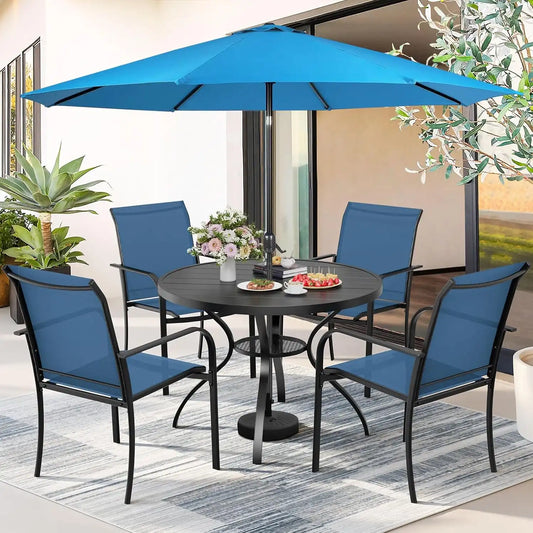 SUNCROWN 6 - Piece Outdoor Dining Set, Patio Furniture Set with 4 Textilene Dinning Chairs, 41" Metal Round Table and 1 Sky Blue 9Ft Patio Umbrella for Lawn Garden Backyard Deck, Blue