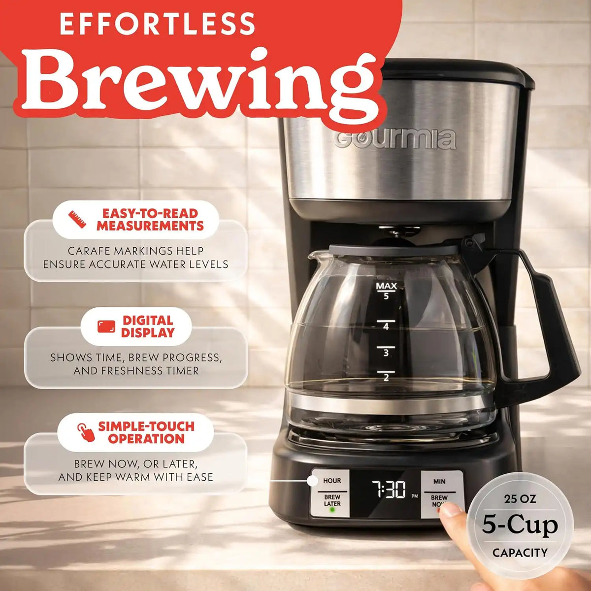 Gourmia Drip Coffee Maker - 5-Cup Capacity, Glass Carafe, Black