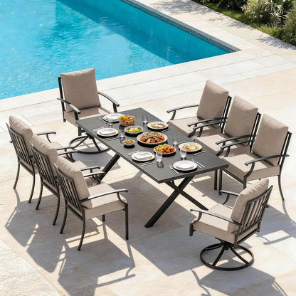 9 PCS Outdoor Patio Dining Set,Patio Table and Chairs Metal Outdoor Patio Furniture Set with Umbrella Hole,Dining Table Set with Swivel Chairs for Deck,Backyard and Garden,Brown