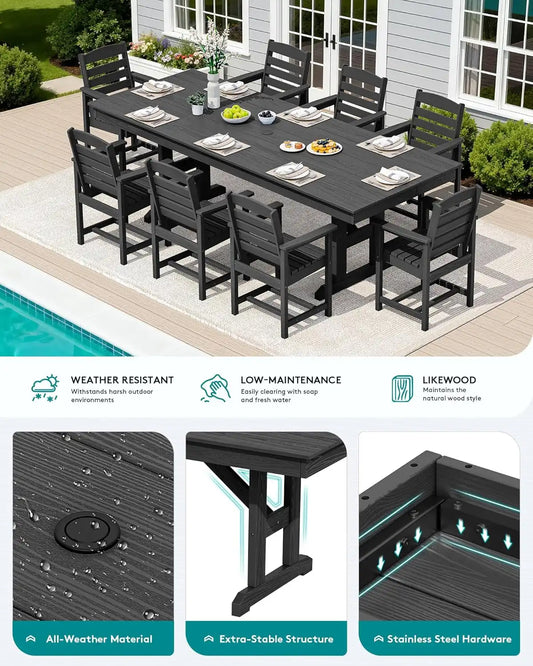 SERWALL Outdoor 84" HDPE Rectangular Dining Table for 6-8,All-Weather,Black