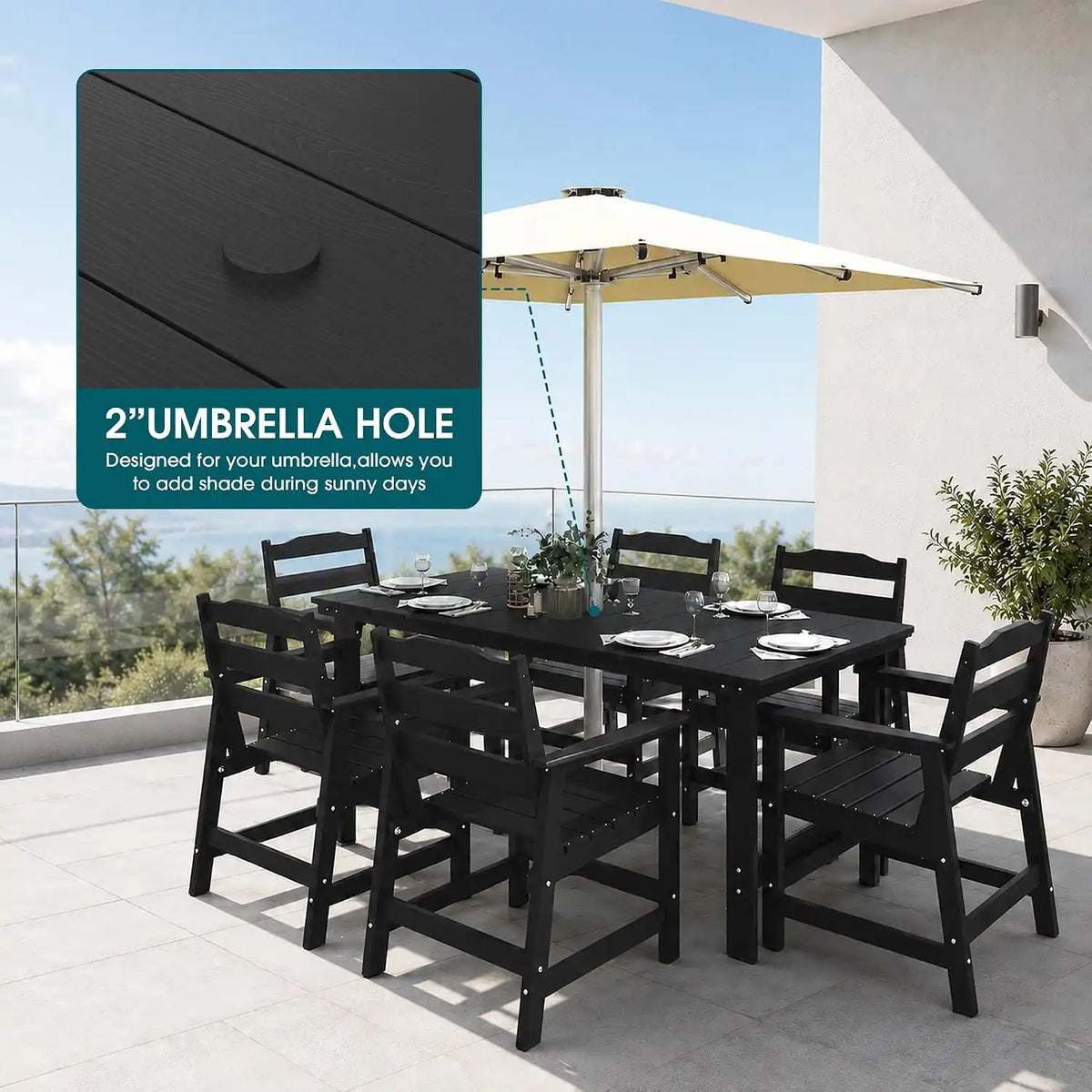 THOEOE Outdoor Dining Table, Rectangular Dining Table for 5-7 Black