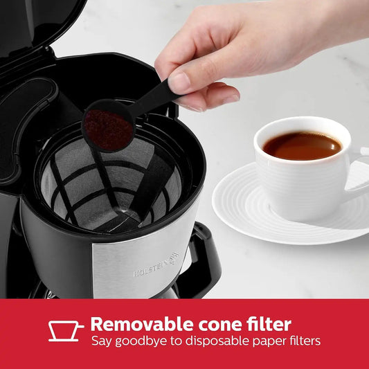 Holstein Housewares - 5 Cup Drip Coffee Maker - Convenient and User Friendly with Permanent Filter, Borosilicate Glass Carafe, Water Level Indicator, Auto Pause/Serve and Keep Warm Functions, Black