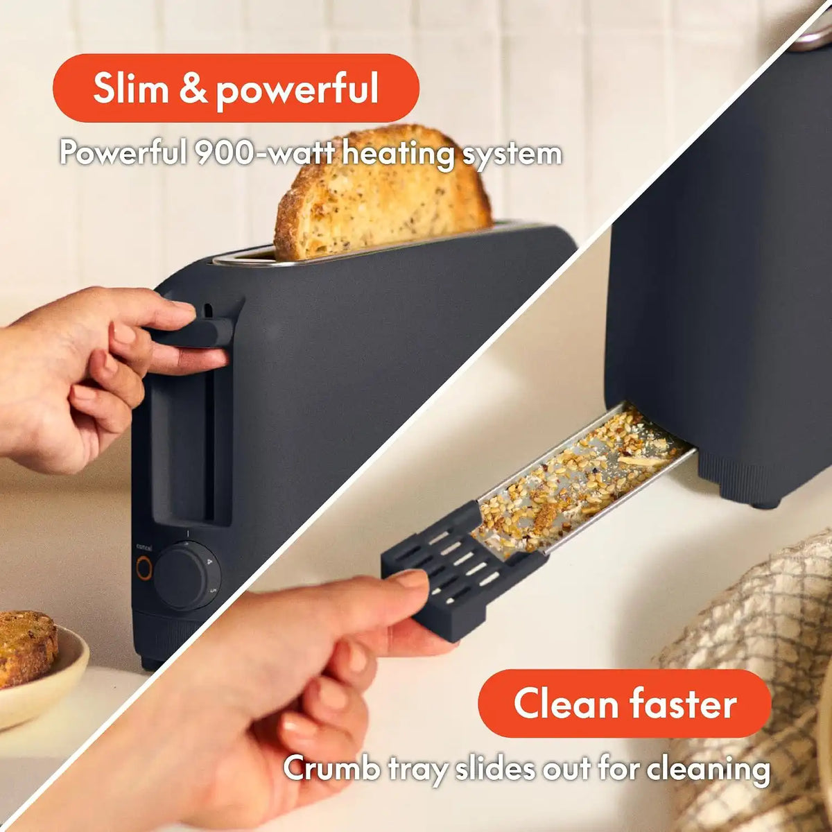 bella Fits-Anywhere™ 2-Slice Slim Toaster, Long Slot & Extra Wide, Slate