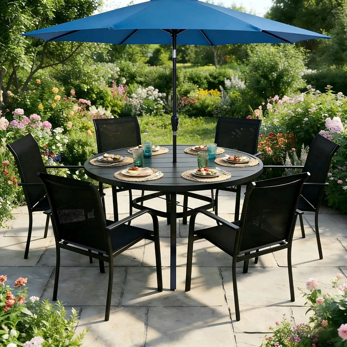 SUNCROWN 8 - Piece Outdoor Dining Set, Patio Furniture Set with 6 Textilene Dinning Chairs, 53" Metal Round Table and 1 Dark Blue 9Ft Patio Umbrella for Lawn Garden Backyard Deck, Black