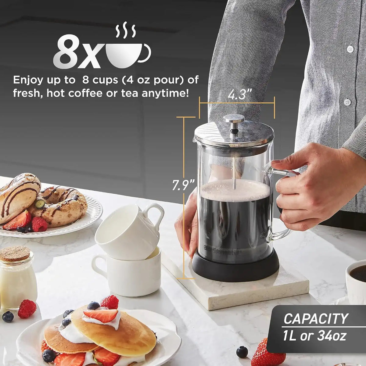 Elite Gourmet FP1223 French Press Coffee Maker, 1-Liter Glass Carafe