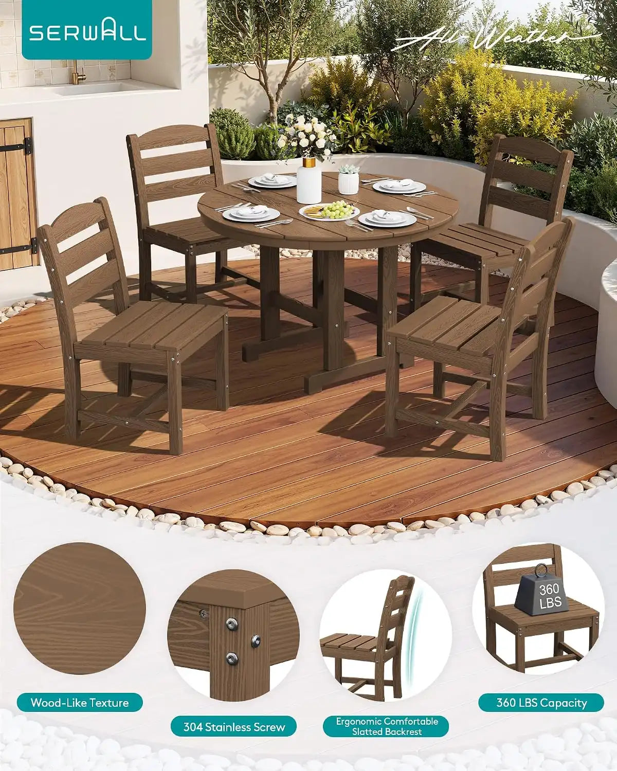 SERWALL 5-Piece Patio Dining Set, 45" Table & 4 Armless Chairs, Brown