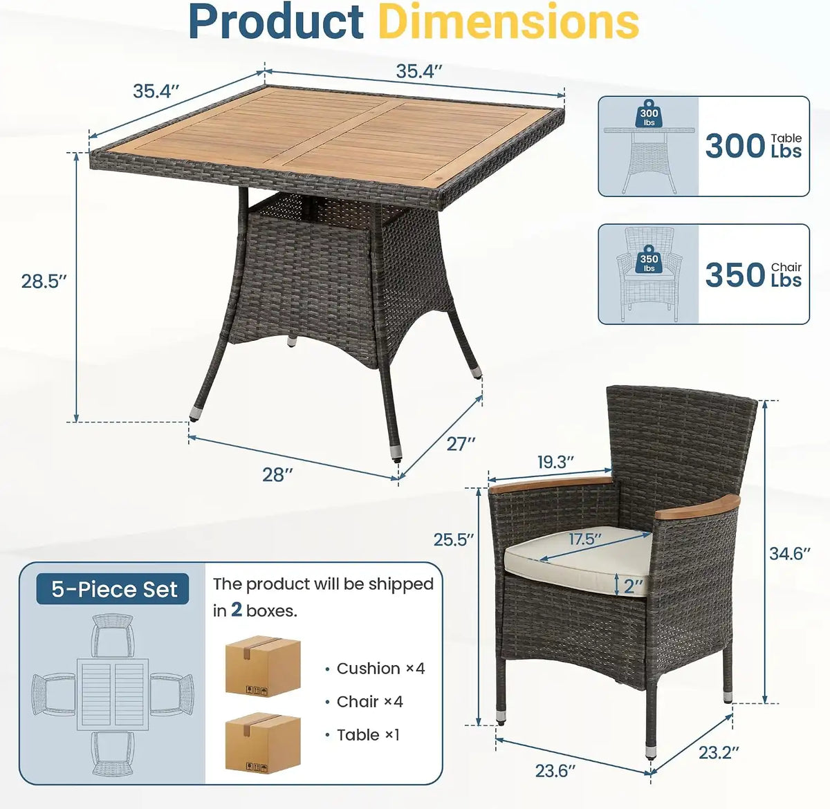 10-Pieces Ratton Patio Table and Chairs with Acacia Tabletop, Grey