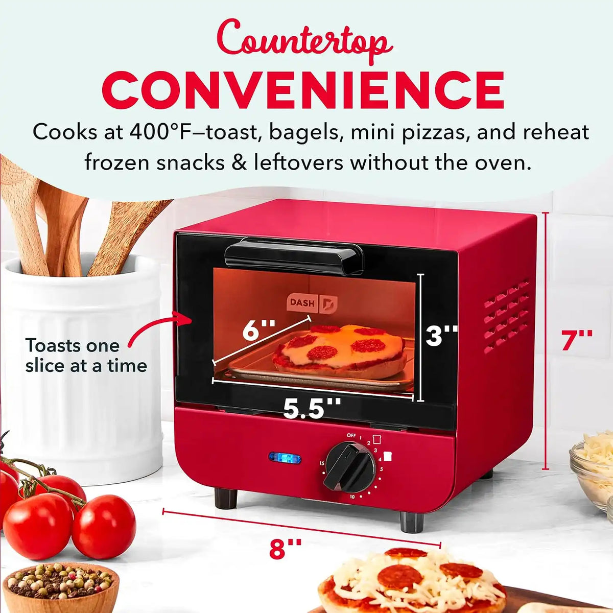 Dash Mini Toaster Oven | Small Toaster Oven for Dorms, Apartments, & Small Kitchens, Adjustable Timer Dial with Auto Shutoff, Removable Cooking Tray & Crumb Catch, Red